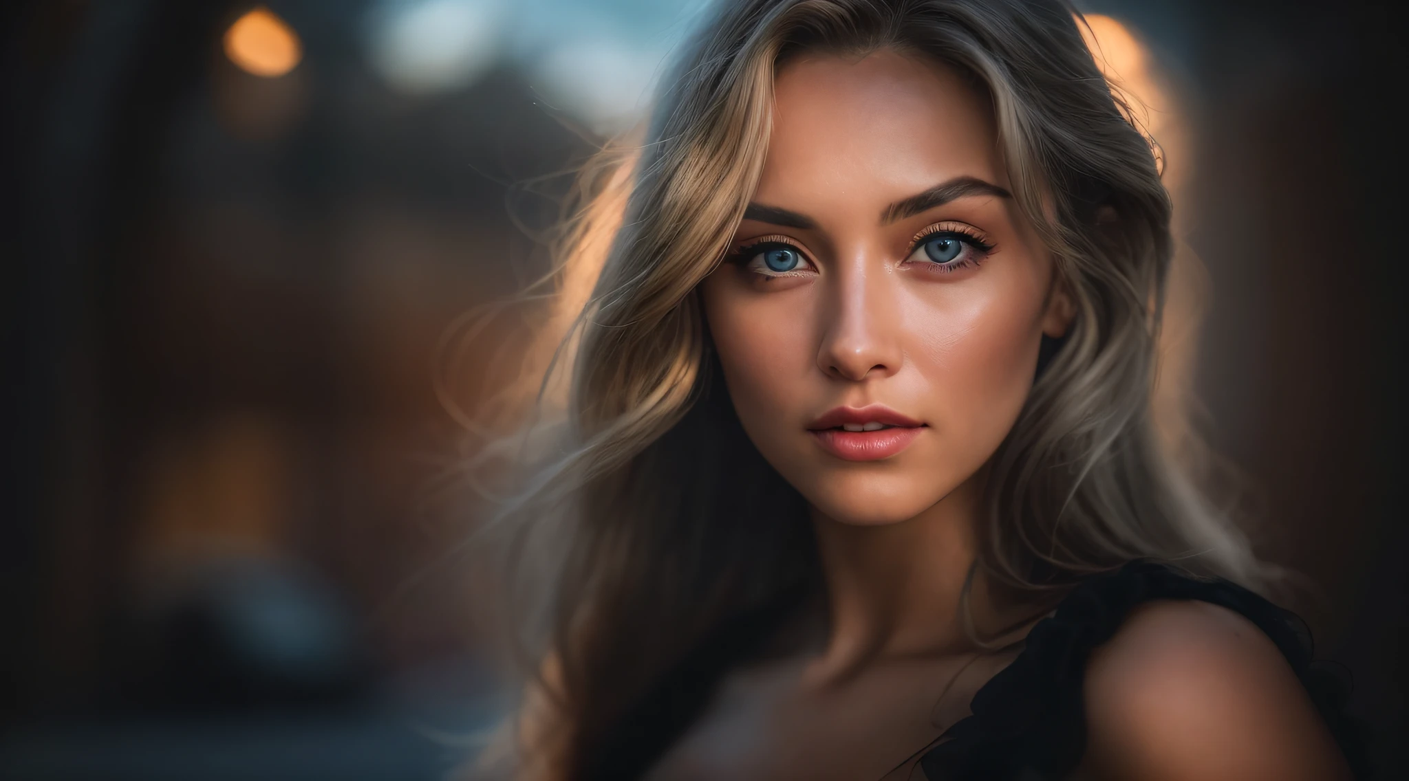 cinematic photo professional photography,create an image of a beautiful young woman of 26 years old, blue eyes, blonde hair, standing, frontal pose, dressed in a black dress.closeup headshot n-4 f1.8 hd wallpaper photograph trending on instagram 4k award winning photo 8 k detailed hyper realistic cinematic shot beautiful volumetric lighting octane render unreal engine 5 rendered with nanite canon eos r3 fujifilm x - t 30 sony alpha gw 6 0 d mark iv lens flare lights dark . 35mm photograph, film, bokeh, professional, 4k, highly detailed
