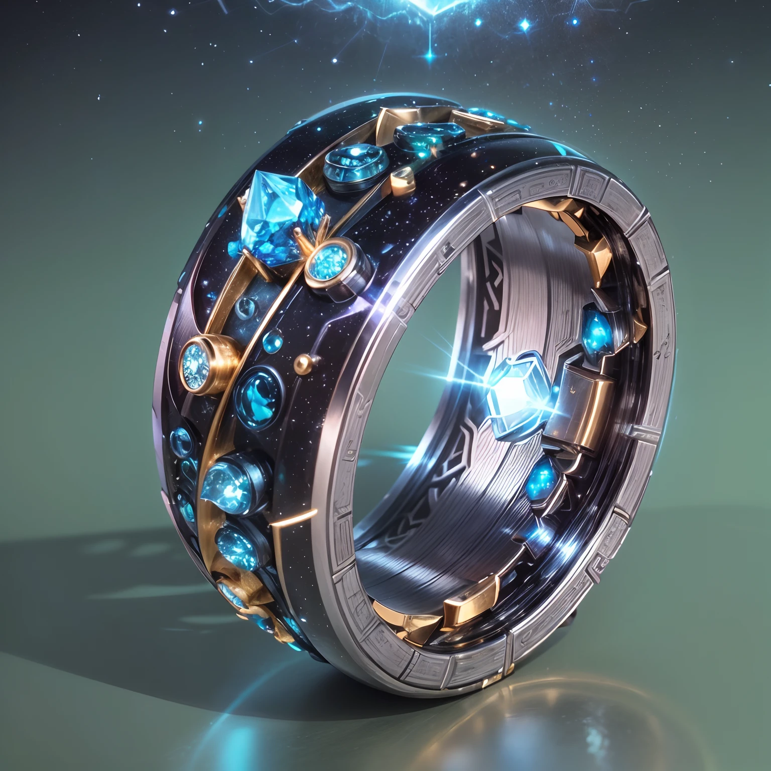 object,(Nothing but the ring)，(No Man),  (The planet Cybertron created a mysterious ring，This is a very technical device。Its construction is very complex，Made from pure Cybertron alloy，Emits a blue plasma glow，The surrounding air is illuminated。The ring appears to be able to capture electromagnetic waves between stars。，It gives it extraordinary power。The appearance of the ring is also dazzling，The surface is covered with mysterious symbols and bizarre geometric figures，It is like a bridge to the unknown。Make this ring even more mysterious，It also has a crystal composed of mysterious energy，Flashing irregular light，It is as if a person sees another unknown universe。The true mystery of the whole ring will be revealed in the hands of those who hold it，This Cybertron ring is the perfect combination of art and technique。), Simple magic background，Colorful colorful, luxury goods，Positive image, product-view, solofocus, Ballpoint pen stroke，(tmasterpiece), high qulity，1.4 times real
