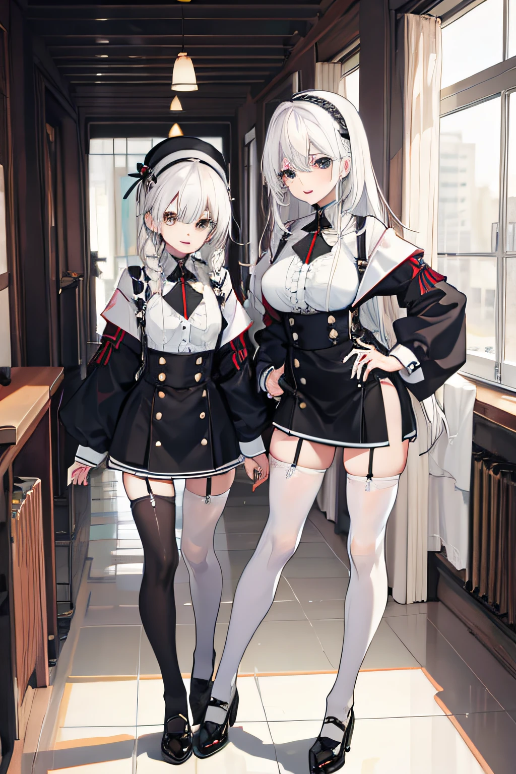 ,twins,white hair,stockings,mature female,