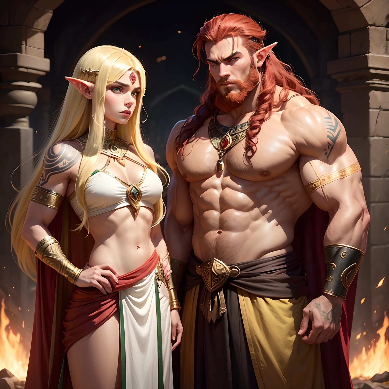 Middle eastern, muscular man, half-man, half demon, green olive skin, yellow eyes, large, hooked nose, bulky, power lifter, desert, male, bare chest and stomach, ganondorf, fantasy, red hair, red beard jewelry, tribal, desert tattoos, he is embracing princess zelda, blonde, white and pink dress, she is looking off in the distance, woman is clothed in a long dress, petite frame, pointed ears, elf like, he looks angry but present with her, fire nearby, war