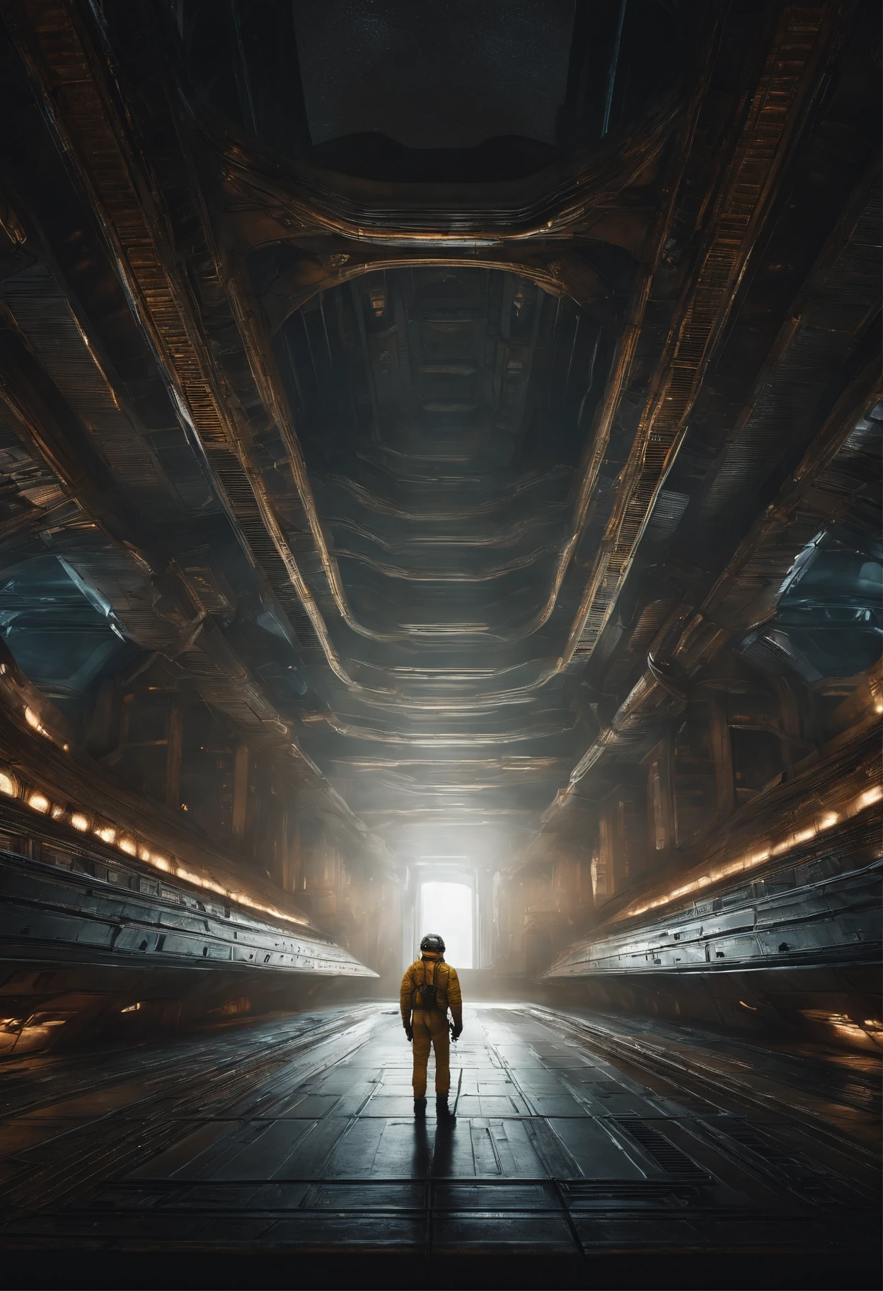 a small figure of a man in a giant huge gloomy spaceship hall in the style of the movie aliens