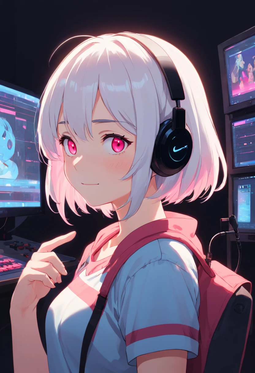 A  girl, White headset with microphone, White hair with pink stripe, red-eyes, A smirk on his face, Dark room in the background, Monitor light on character, black t-shirt without handles, big breastes, blue jeans