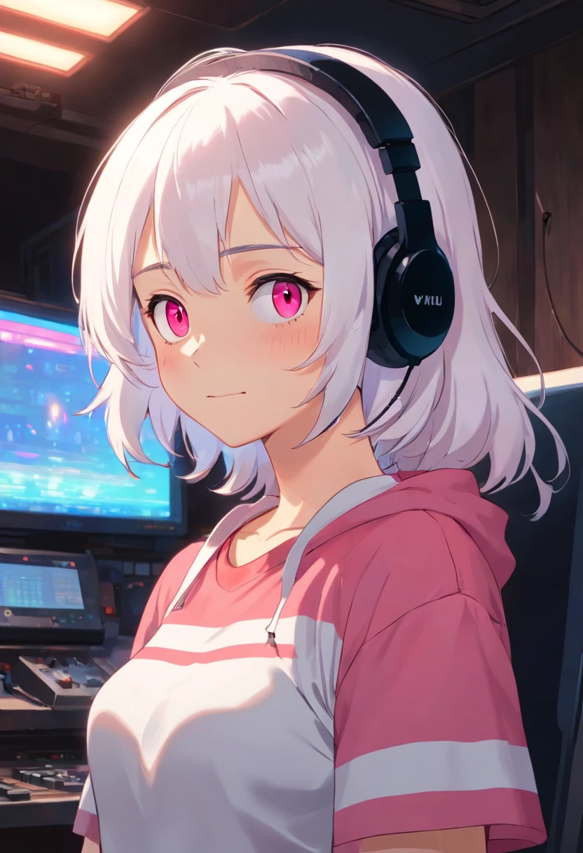 A girl, White headset with microphone, White hair with pink stripe, red-eyes, A smirk on his face, Dark room in the background, Monitor light on character, black t-shirt without handles, big breastes, blue jeans