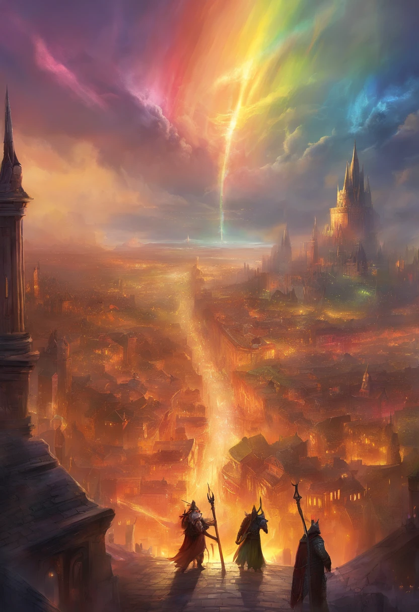 Rainbow, rainbows over city, city, city on fire, orcs, crowd of orcs,