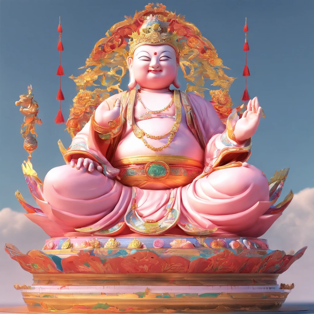 ((masutepiece))，(Best Quality))，china style，In the sky, The clouds form a huge transparent and shining white jade Maitreya statue，Thick clouds，sun shining，Pilgrims on the road，Hyper-realistic，Ultra photo realsisim，Pink 8K，High Definition，high quarity，Works of masters，super-fine，（（（OC Renderer）））faces