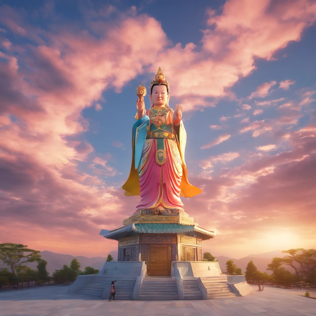 ((masutepiece))，(Best Quality))，china style，In the sky, The clouds form a huge transparent and shining white jade Maitreya statue，Thick clouds，sun shining，Pilgrims on the road，Hyper-realistic，Ultra photo realsisim，Pink 8K，High Definition，high quarity，Works of masters，super-fine，（（（OC Renderer）））faces