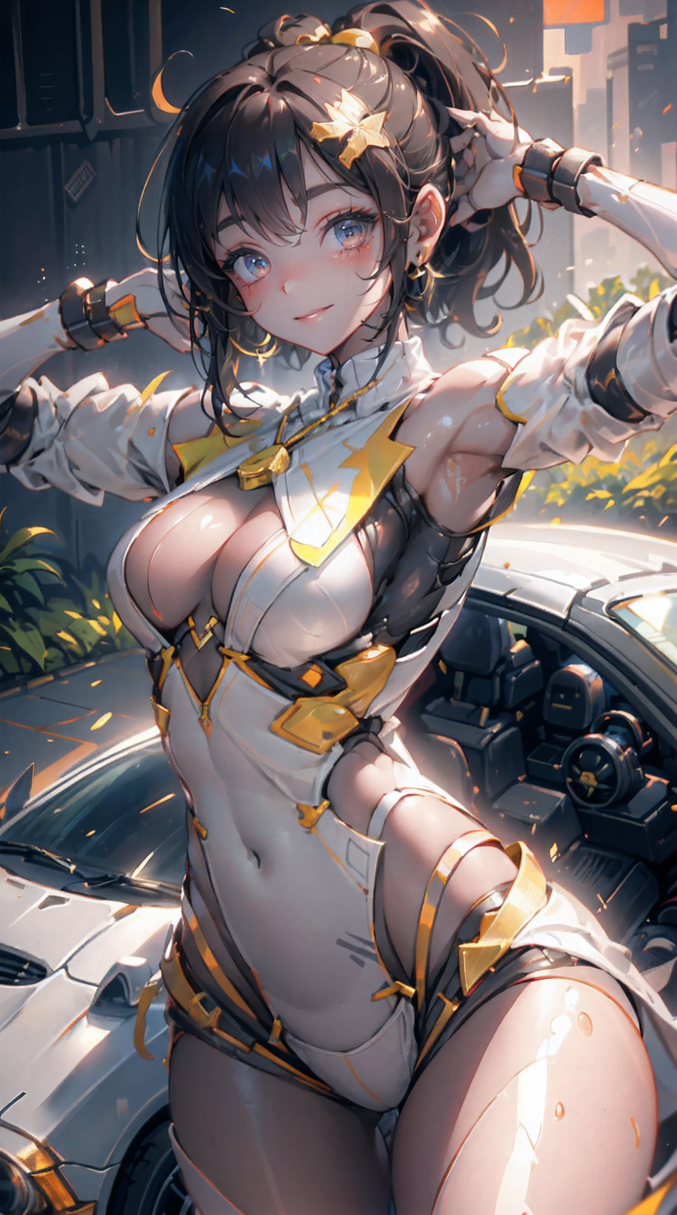 (high-school sweater:1.2), (innocent and classy girl:1.2), (high-ponytail Hairstyle, brown-hair), Medium short hair, Very Detailed Face and Skin Texture, Detailed Eyes, Double eyelids, Pale Cheeks, Glossy skin, wet eyes:1.2, shiny little neckless and earrings, Glossy Lips: 1.4, Fair Skin:1.2, (from above distance: 1.2)), Big boob, (embarrassed smile:1.2), (looking at the beholder), (small mouth:1.1), (armpits with front of car:1.2), sunglasses on head,