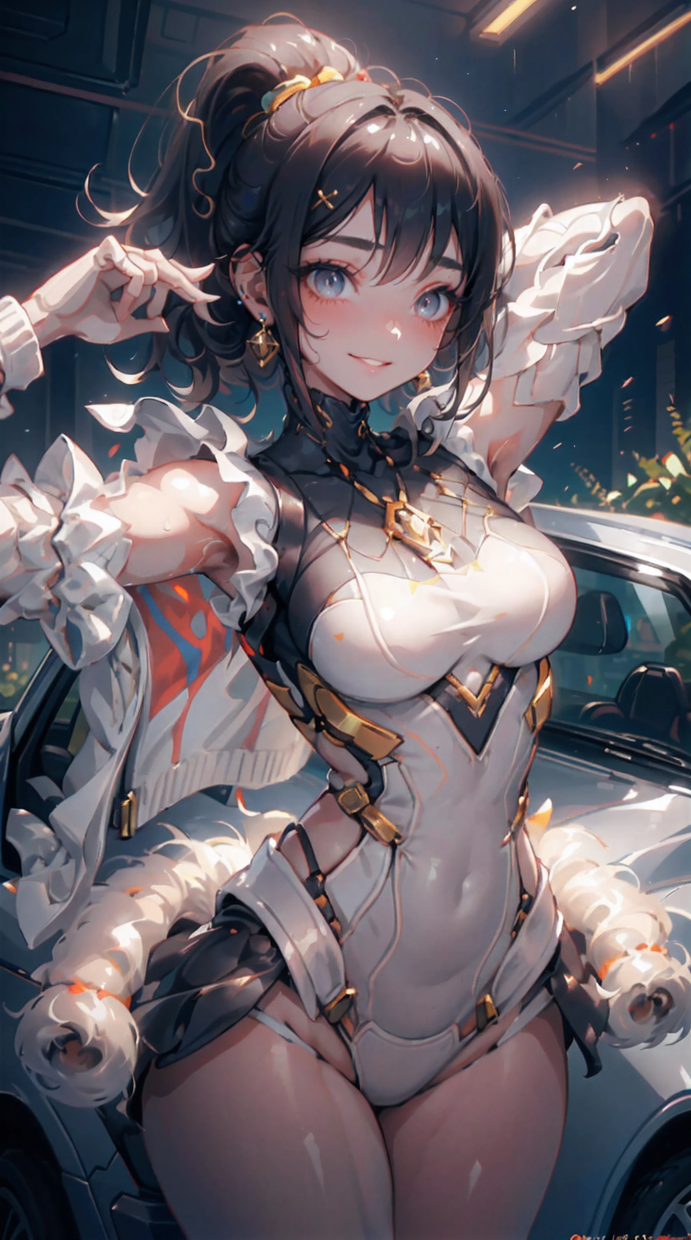 (high-school sweater:1.2), (innocent and classy girl:1.2), (high-ponytail Hairstyle, brown-hair), Medium short hair, Very Detailed Face and Skin Texture, Detailed Eyes, Double eyelids, Pale Cheeks, Glossy skin, wet eyes:1.2, shiny little neckless and earrings, Glossy Lips: 1.4, Fair Skin:1.2, (from above distance: 1.2)), Big boob, (embarrassed smile:1.2), (looking at the beholder), (small mouth:1.1), (armpits with front of car:1.2), sunglasses on head,