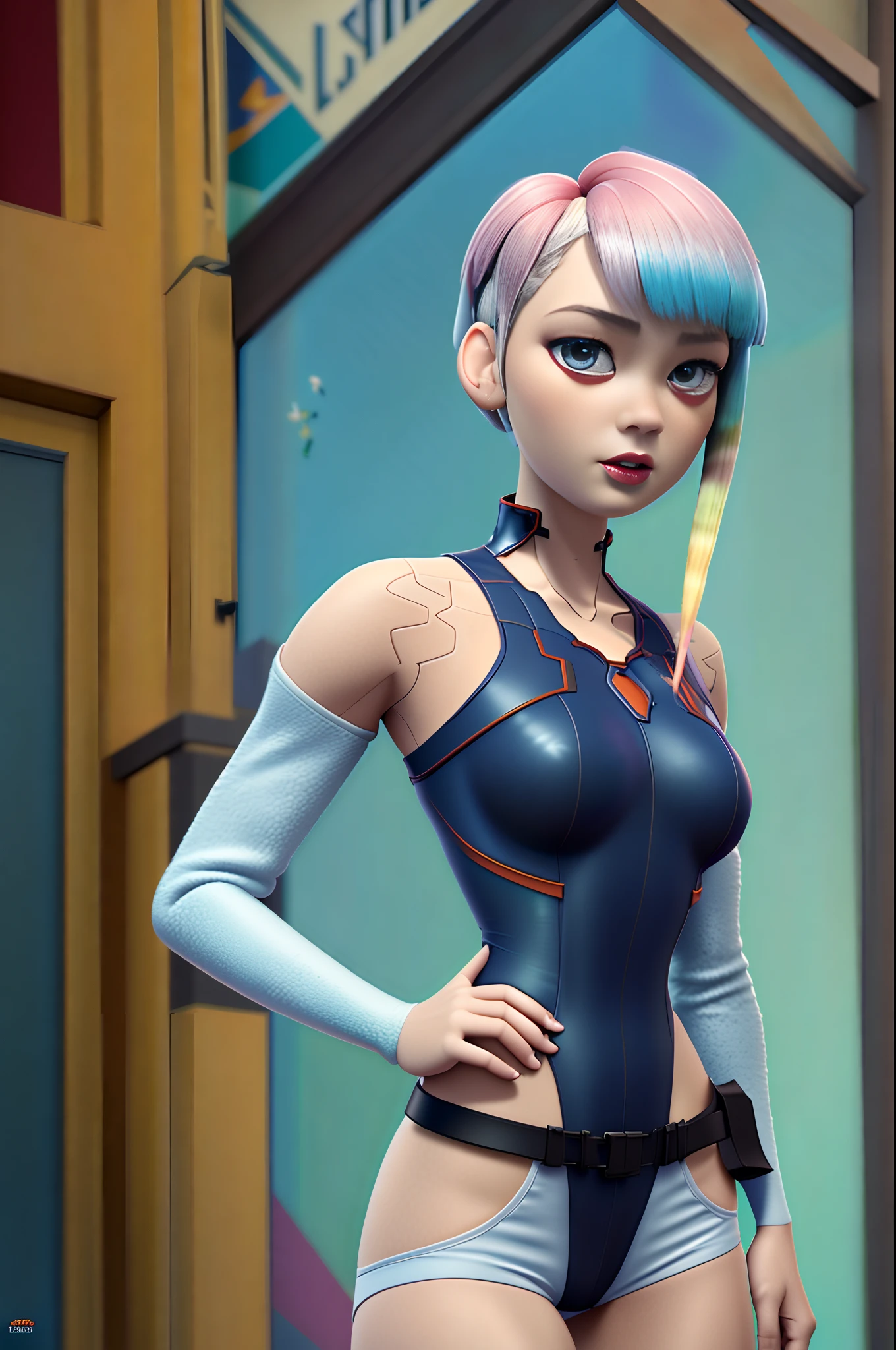 (pixarstyle:1.25), masterpiece, best quality, highres, lu1, cyborg, multicolored hair, makeup, bare shoulders, black leotard, highleg leotard, (thong:1.1), white jacket, open jacket, belt, shorts, natural skin texture, 4k textures, hdr, intricate, highly detailed, sharp focus, cinematic look, hyperdetailed