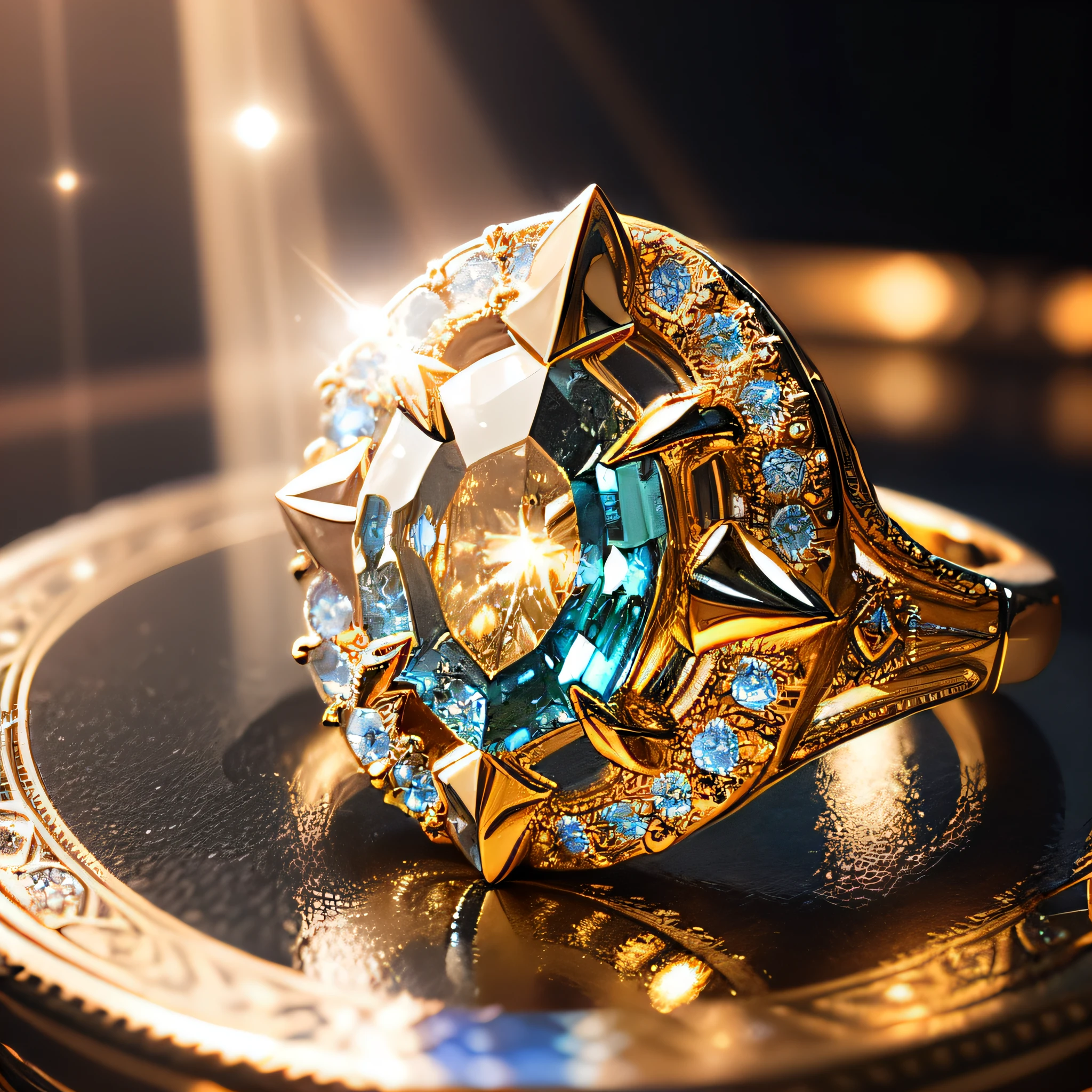 (Royal rings on display in a showcase:1.3), Shine a spotlight directly above the ring, perfect light production, (The jewels on the ring reflect the light:1.5), Collaboration of light and shadow, cinematic lighting, Lens flare, (Masterpiece), (Best Quality), (Ultra high Detailed)