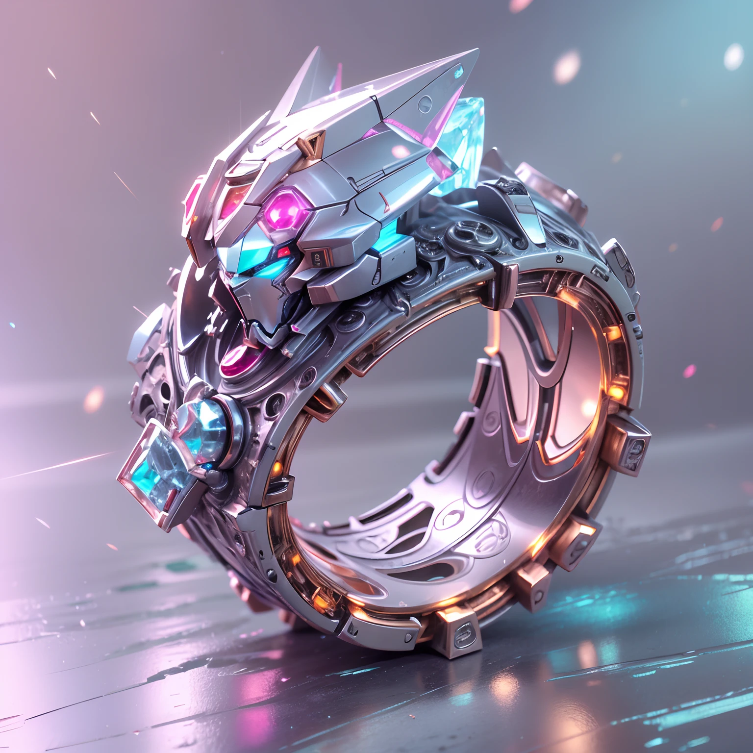 object,(Nothing but the ring)，(No Man), (1 complex magic ring made from Gundam mechs，The head of the Gundam mech is engraved on the ring，The entire ring is made of titanium with ruby，Sci-fi from start to finish，Details with a metallic icy texture，Future mechanical technology process made，metallic  luster，Icy mechanical line beauty), Simple sci-fi background，Colorful colorful, luxury goods，Positive image, product-view, solofocus, Ballpoint pen stroke，(tmasterpiece), high qulity，1.4 times real