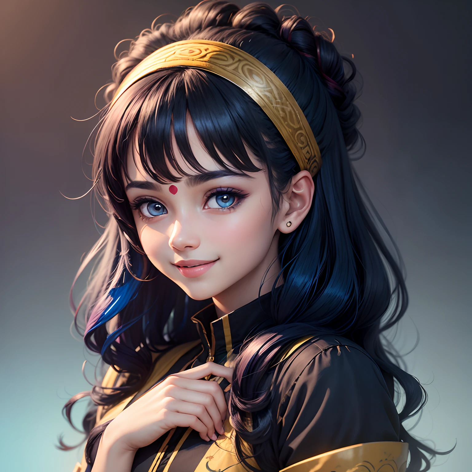 Anime sanatani hindu girl, face: cuteness and smiling with tribhoot third eye on her head and written Radhe Radhe on her chiks, eyes: cute and blue colour, clothes: modern clothes blue colour, hair: half black and half blue with best hairstyle, background: dark black, image type: ultra realistic 8k.
