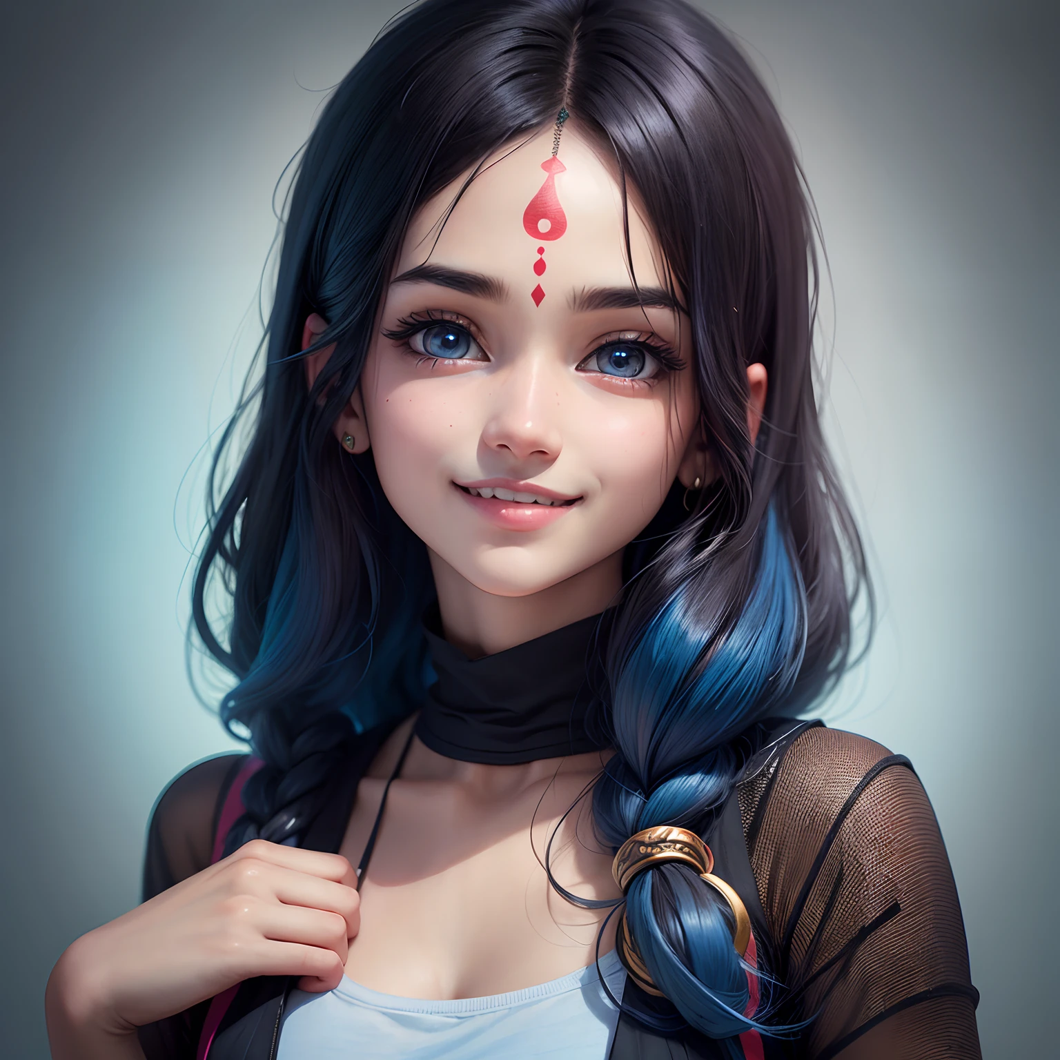 Anime sanatani hindu girl, face: cuteness and smiling with tribhoot third eye on her head and written Radhe Radhe on her chiks, eyes: cute and blue colour, clothes: modern clothes blue colour, hair: half black and half blue with best hairstyle, background: dark black, image type: ultra realistic 8k.