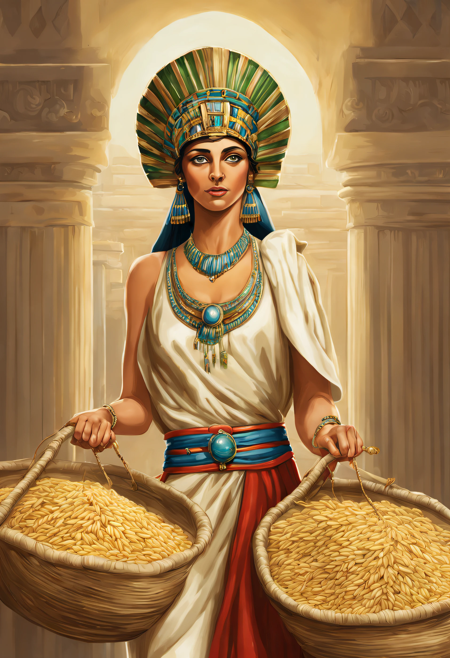 Cleopatra,Image Realized, tenant deux sacs en toile, one filled with barley and the other with wheat, avec des pousses vertes sortant des sacs. She looks surprised and happy.