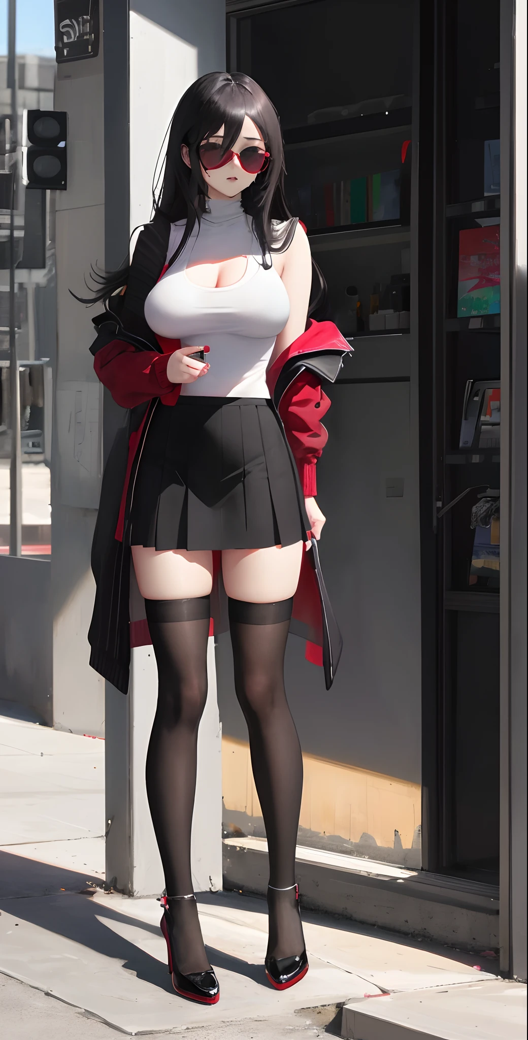 (masterpiece:1.3), (High resolution:1.1), Detailed beautiful face, Detailed beautiful, (huge breasts, gigantic breasts:1.4 there a woman in a skirt and stockings posing on the street, a hyperrealistic schoolgirl, thicc, thighhighs and skirt, dressed as schoolgirl, at a city street, very sexy outfit, sexy outfit, intriguing outfit, walking to work, hyperrealistic schoolgirl, small curvy loli, fully dressed, in city street, in the middle of the street, korean girl, Korean sexy