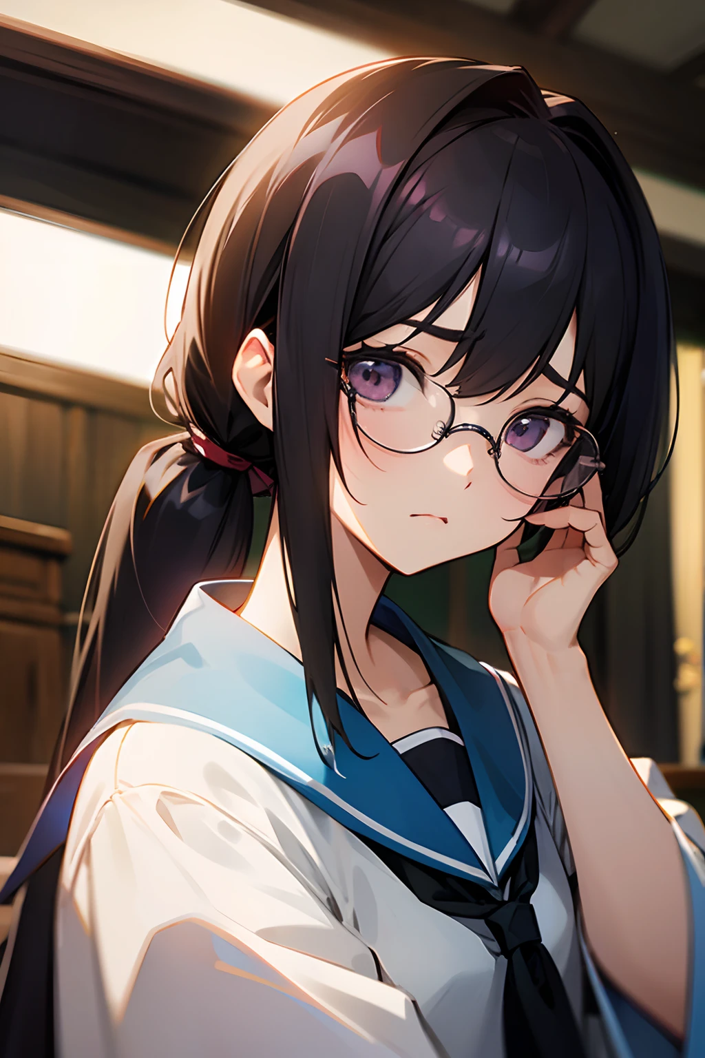 femele、A dark-haired、poneyTail、wears glasses、worried face