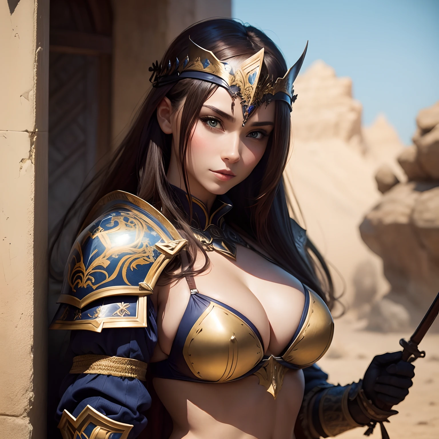 Dressed in insanely sexy bikini armor, Richly decorated armor, Beautiful Female Warrior