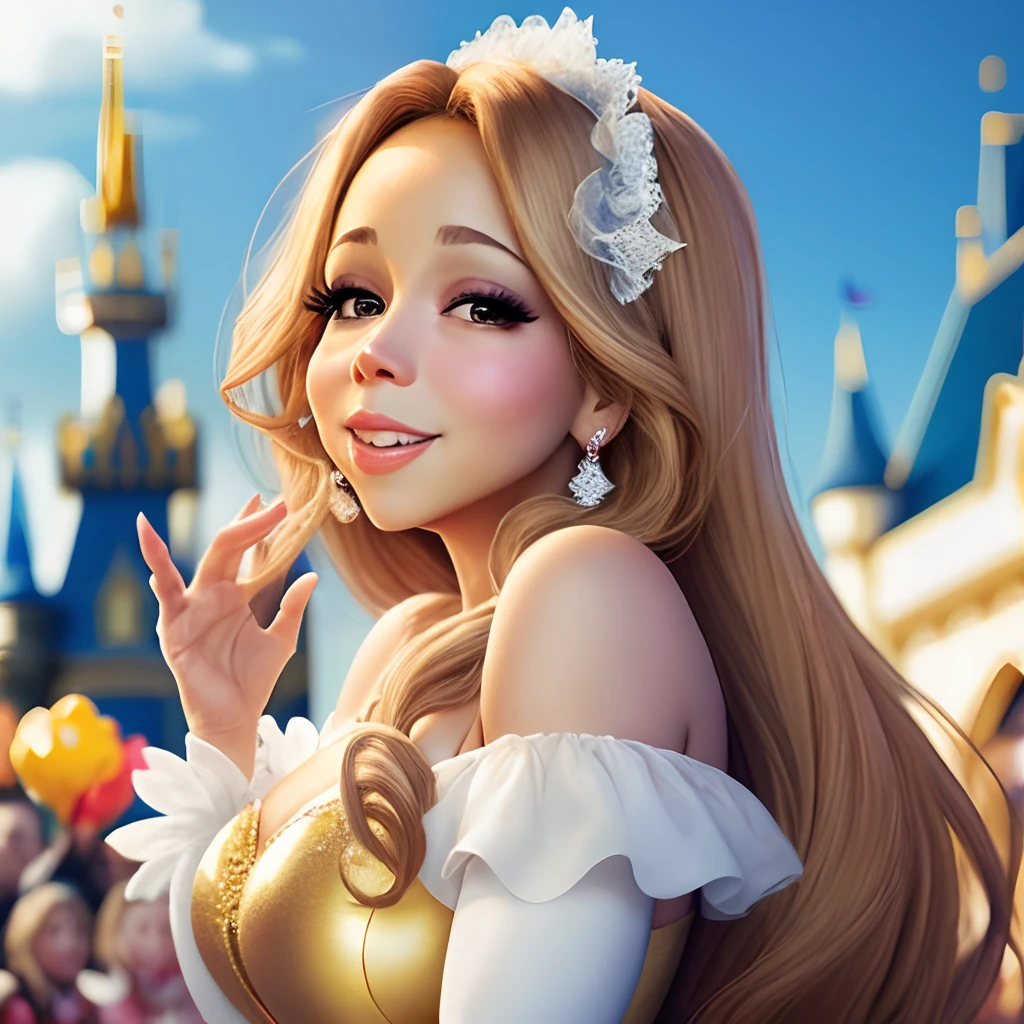 Mariah Carey blowing kisses in a Disney princess-style parade