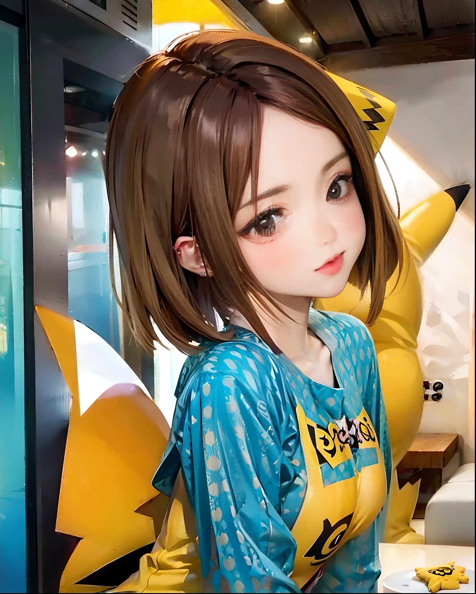 comic,djsoda,pikachu outfit,djiing,inside a room,short dark brown hair,