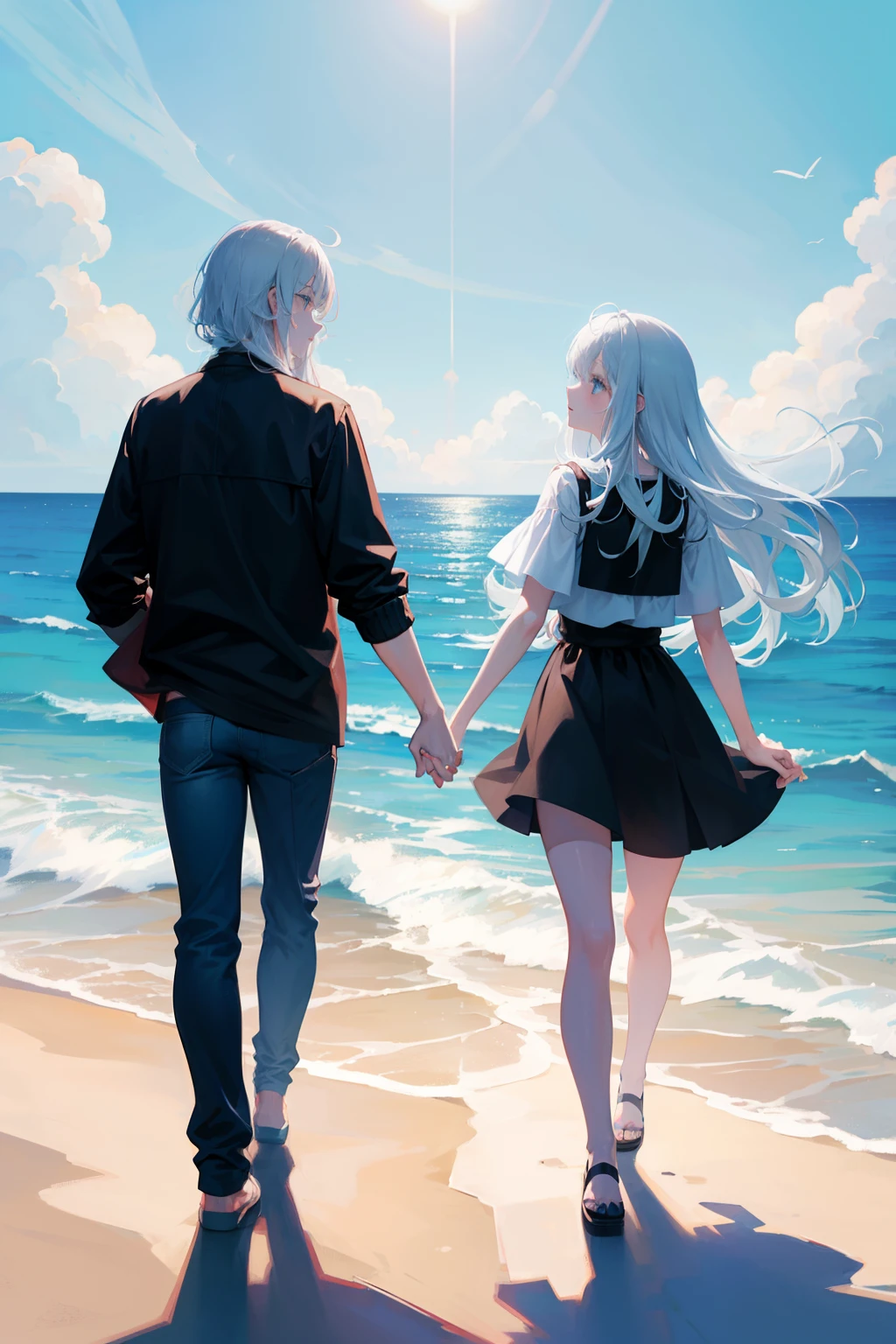 anime couple, long white hair, blue eyes, holding hands, standing at the beach,, good anatomy, standing at the beach, 8k, high resolution