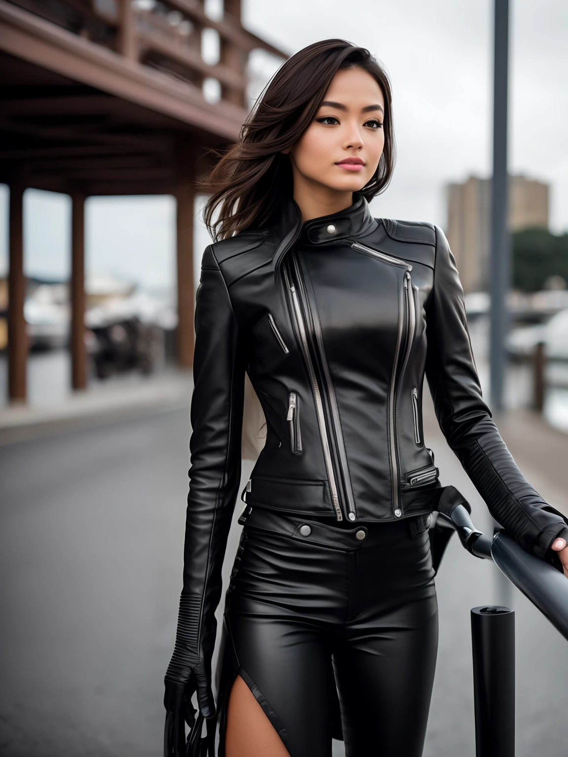 (masutepiece), Shot Full Body, Photos of the entire motorcycle, Cute young woman in Japan, Ride an old traditional shiny metal silver motorcycle on the marina., glamorous form, shiny smooth light brown shoulder-length hair, Dressed in a black leather riding jacket, Glossy satin red bikini under a riding jacket, Leather black riding gloves, leather black pants, Leather black long boots with high heels, Looking at the night view of the sea, Absolutely beautiful face, double eyelids, natural makeup, long eyelashes, glossy lips, 8K resolution, High Details, detailed hairstyle, Detailed Face, Black Eyes, elegent, EPICD, Cinematic lighting, Octane rendering, Vibrants, hyper realistic, light skin, Perfect limbs, perfect anatomy --auto