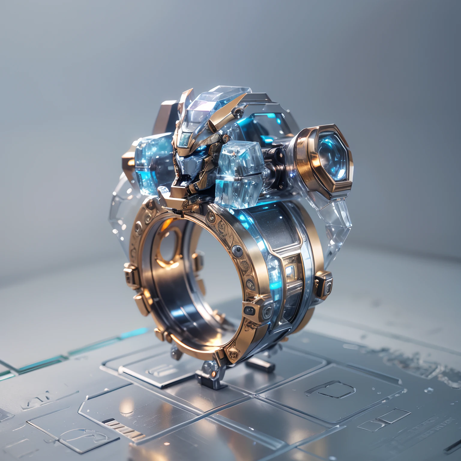 object,(Nothing but the ring),(No Man), (1 complex magic ring made by a Gundam robot,The ring is engraved with the head of a Gundam robot,The entire ring is made of titanium,from end to end,It's sci-fi,Details with a metallic icy texture,Future mechanical technology process made,metallic luster,Icy mechanical line beauty), Simple sci-fi background,Colorful colorful, luxury goods,Positive image, product-view, solofocus, Ballpoint pen stroke,(tmasterpiece), high qulity,1.4 times real
