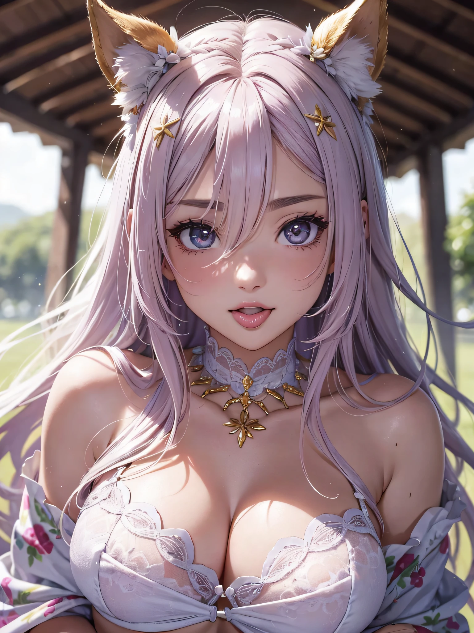 Qualidade de imagem 8K、qualidade superior、masutepiece、Uma qualidade de imagem ultra-alta、ultra-detalhada、Qualidade de cabelo ultrarrealista、cores vibrantes、Mulheres Bonitas、Cabelo comprido bonito、cabelos brilhantes、Detailed hairs、cabelos azuis、poneyCauda、olhos azuis、pele brilhante、lace underwear、Seios muito gigantescos、Suor na testa e bochechas、bunda extremamente grande、Yukata fofo fora do ombro、um sorriso、pink tongue、Ultra-realistic flesh feel、Bochechas vermelhas、Festival em segundo plano