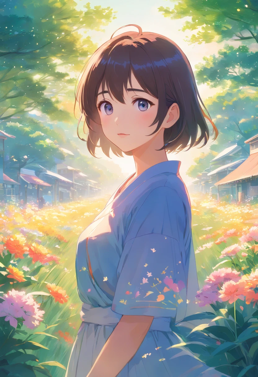 vivid colors,dream-like,soft lighting,ethereal atmosphere,beautiful detailed eyes,beautiful detailed lips,extremely detailed eyes and face,longeyelashes,soft and flowing hair,peaceful expression,loose flowing dress,standing in a blooming garden with colorful flowers,gentle breeze rustling the leaves,soft sunlight casting a warm glow,delicate butterflies dancing in the air,faint sound of birds chirping in the distance,magical and surreal vibes,brushstroke-like textures,impressionist style,subtle pastel color palette,shimmering and translucent effects,sublime and enchanting scenery.