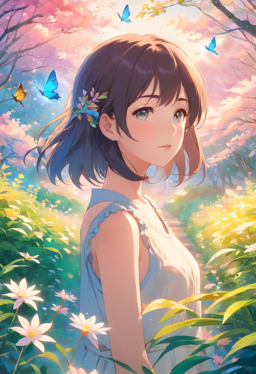 vivid colors,dream-like,soft lighting,ethereal atmosphere,beautiful detailed eyes,beautiful detailed lips,extremely detailed eyes and face,longeyelashes,soft and flowing hair,peaceful expression,loose flowing dress,standing in a blooming garden with colorful flowers,gentle breeze rustling the leaves,soft sunlight casting a warm glow,delicate butterflies dancing in the air,faint sound of birds chirping in the distance,magical and surreal vibes,brushstroke-like textures,impressionist style,subtle pastel color palette,shimmering and translucent effects,sublime and enchanting scenery.