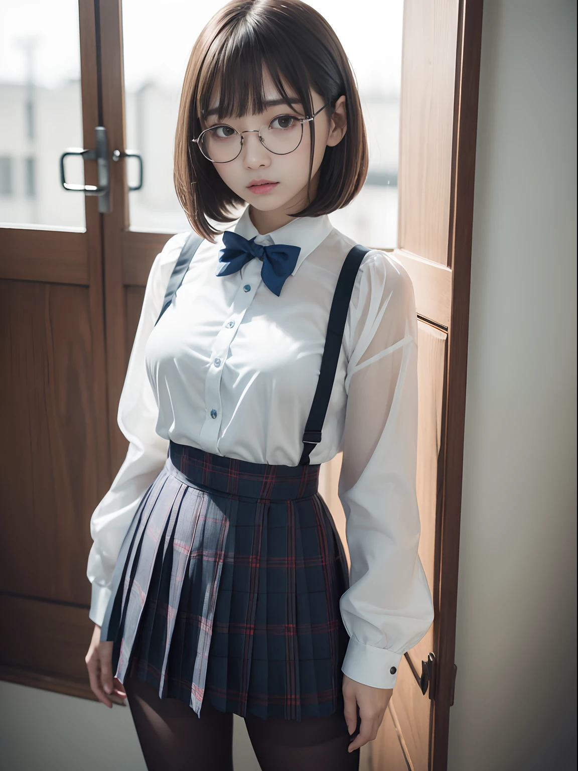 (Long bob cut)、(Underwear is visible)、((Narrow-eyed))、((Narrow-eyed))、((Narrow-eyed))、(8K、Raw photography、top-quality、masterpiece:1.2),((small tits))、((small tits))、((small tits))、((small tits))、((small tits))、((A-cup))、((A-cup))、((A-cup))、((A-cup))、((A-cup))、Has a small、(flat breast)、(flat breast)、(flat breast)、(flat breast)、(flat breast)、(being thin)、light skinned、skin whitening、Dark look、Rasping,glamor,Chromo-white skin,cocky,School,watching at viewers,Looking at the front,Muchimuchi,High-pitched clothing,Erotic,Pupils,de pele branca,kne,((Black pantyhose)),absurderes,a small face,,Forehead visible,Bangs hanging from the left and right sides of the forehead,(a cold expression,Tight eyes,glares,Bullish,irate)、masterpiece,top-quality、超A high resolution,Raw photo,ren,Beautiful fece,One Person, 独奏,eye glass,,Dark look,Small breasts,fullllbody,Round glasses,JK school uniform,hi-school girl,A Japanese Lady,is standing,(Photorealsitic:1.37)、Photon mapping,Realistic、Beautie,Cute little face,Brown-eyed、Black socks、(Red bow tie)、Radio City、Physically Based Rendering、depth of fields、Blurry background、a picture,Body,beauty legs, Long legs, Thin leg,(Bangs are visible), hair, s lips, Blue_The eye, nosesoft,(Light blue shirt), (Navy and blue and white plaid pleated skirt), Knees are visible,Sheer clothing,, Thigh, Black cotton socks,Nogizaka Idol, 女優, Japanese ido