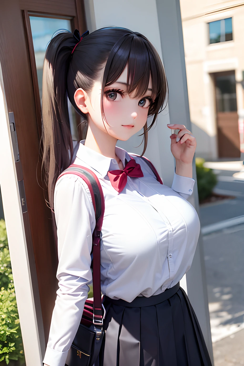 the girl is taking a walk in school outfitting and a red shirt, 1girl, backpack, solo, breasts, skirt, bag, blue eyes, shirt, outdoors, looking at viewer, button gap, randoseru, bow, blush, bowtie, , white shirt, collared shirt, long sleeves, black skirt, bangs, black hair, long hair, closed mouth, pleated skirt, road, ponytail, taut clothes, huge breasts,