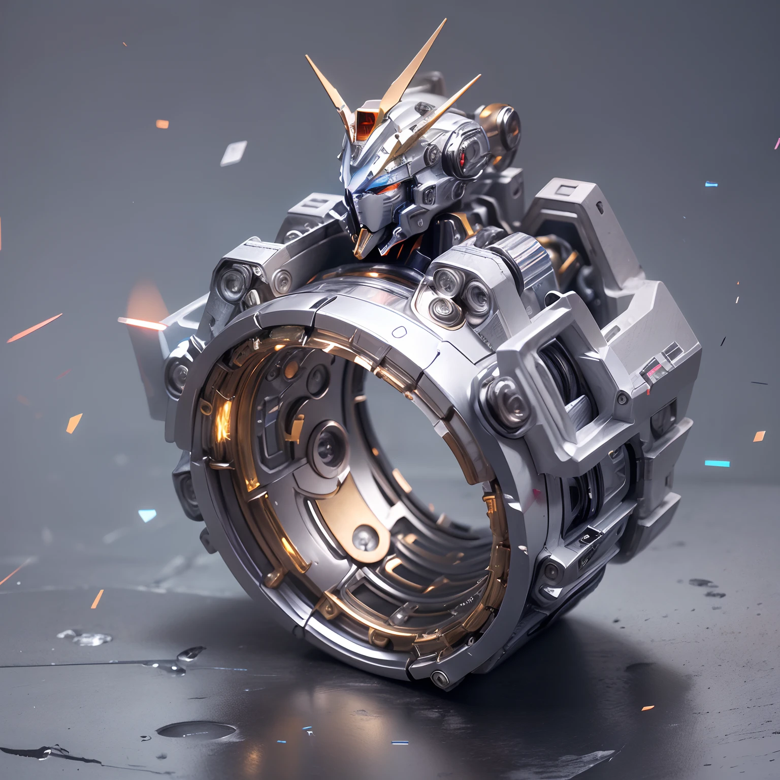 object,(Nothing but the ring),(No Man), (1 complex magic ring made by a Gundam robot,(The ring is engraved with the head of a Gundam robot),The entire ring is made of white titanium mechanical armor,Metal details,Mechanical technology process manufacturing of the future,metallic luster,Icy mechanical line beauty), simplebackground,Colorful colorful, luxury goods,Positive image, product-view, solofocus, Ballpoint pen stroke,(tmasterpiece), high qulity,1.4 times real