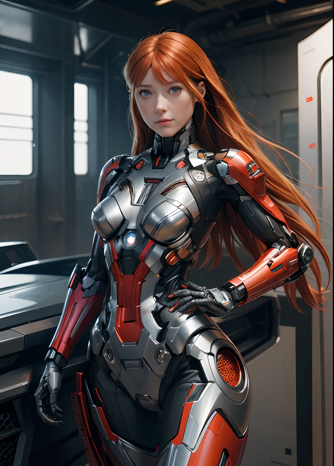 Textured skin, Super Detail, high details, High quality, Best Quality, hight resolution, 1080p, hard disk, Beautiful,(Pepper Potts),beautiful cyborg woman,Mecha Cyborg Girl,Battle Mode,Girl with a Mecha Body,She wears the Pepper Potts Rescue Mecha,Fulll body Shot