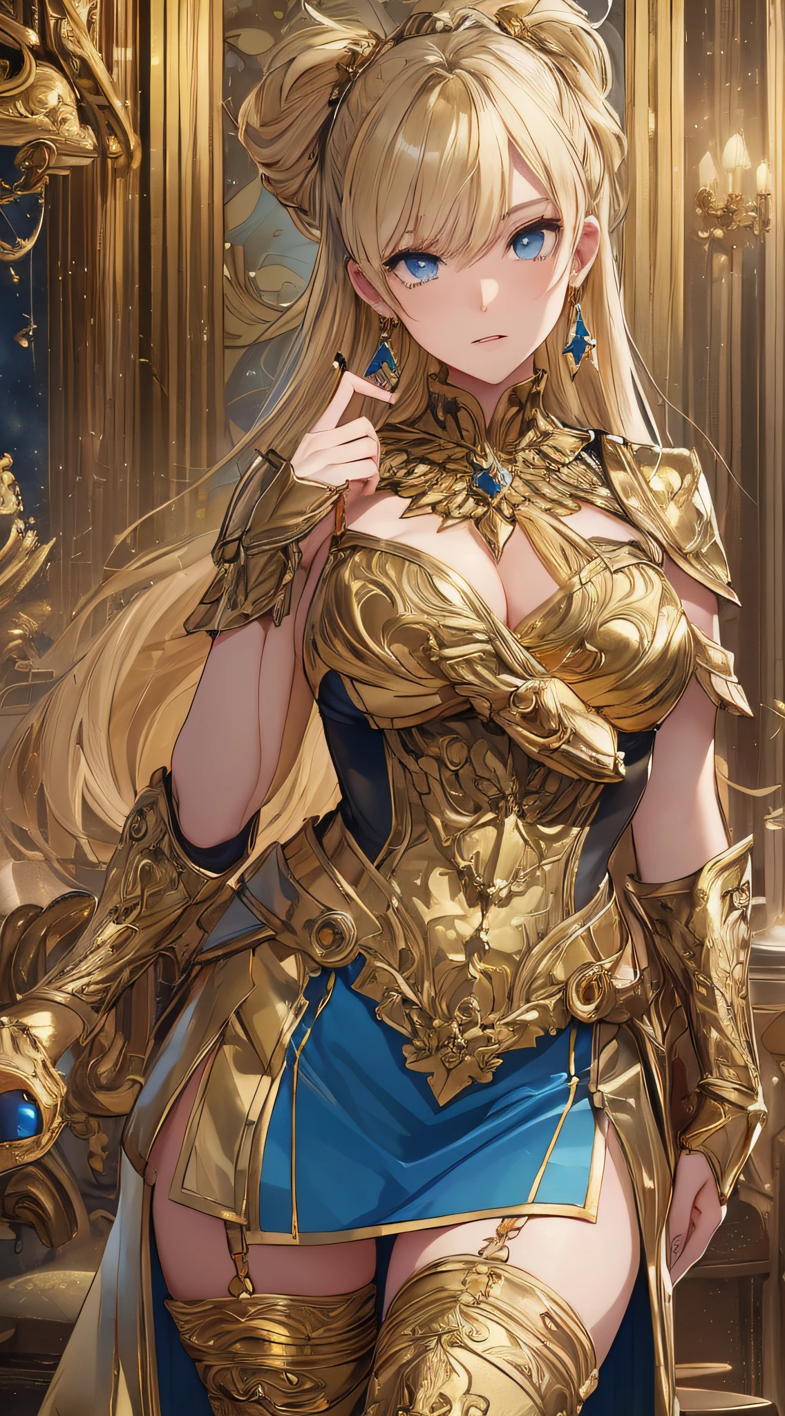 top-quality、Top image quality、masterpiece、girl with((18year old、Gold underwear,Best Bust、Medium bust、Bust 85,Beautiful blue eyes、Breasts wide open,Sexy Gold Dress、Gold Miniskirt、Gold Earrings、Gold necklace、Gold Ring、Shining golden ponytail、Skirt flutters、A golden axe in his right hand、Gold shield in left hand、fighting poses)hiquality、Beautiful Art、Background with(Shining meteors,kosmos、Gold Room、Gold Table、Gold Chair、Monitors、Gold Room、Gold Bookshelf、Golden Falls、)),masutepiece、Elaborate design、visualart、depth of fields、The best lighting、highestdetailed、Front Angle