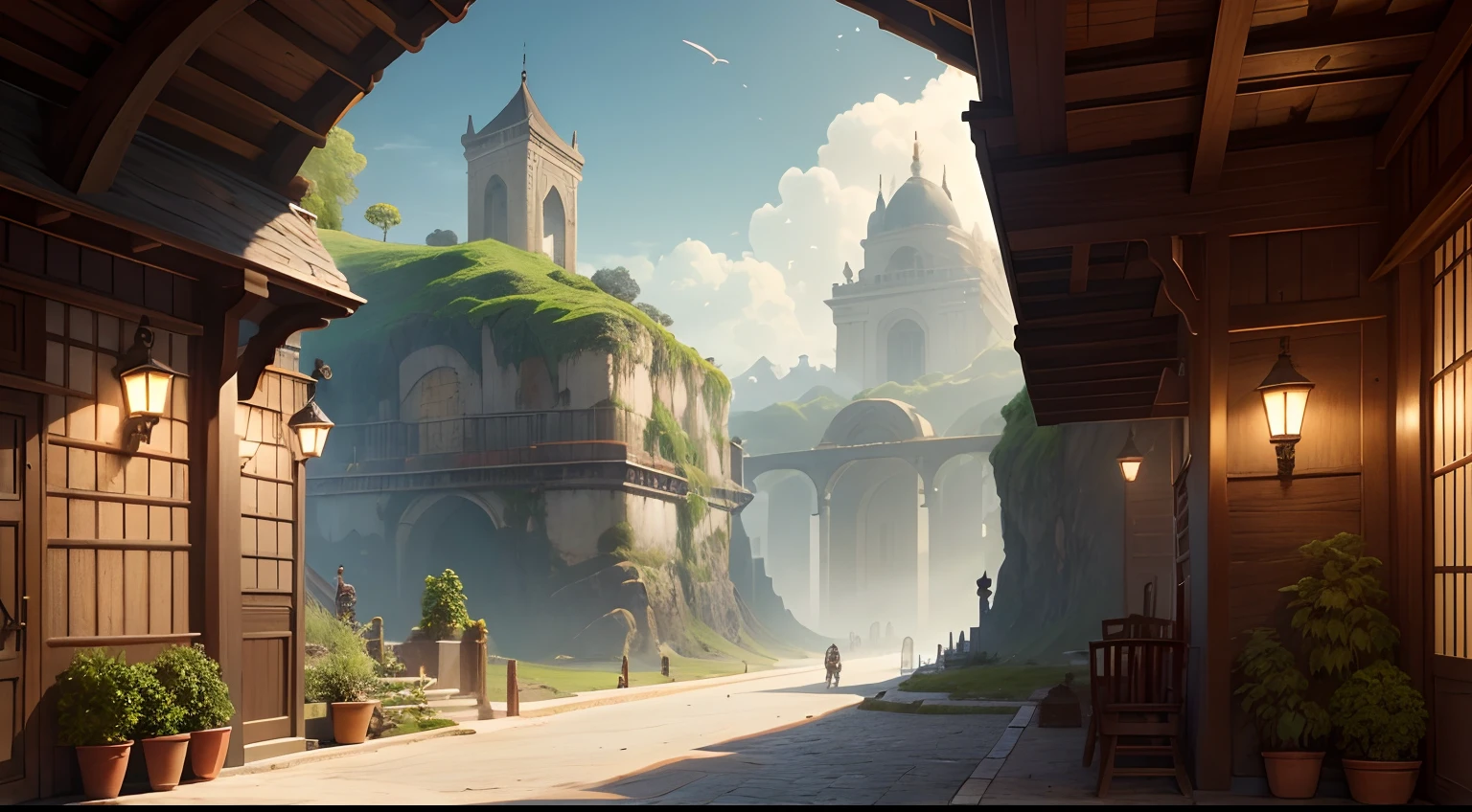 Na entrada da cidade, uma rua primacial cheia de comerciantes de todo tipo, In the distance, part of the hero guild tower, ao leste o templo dos cultistas, To the south the Caves of Thieves, uma pequena mata rodeia os locais, ao norte o oceano, barcos mercantes, mapa para RPG de messa