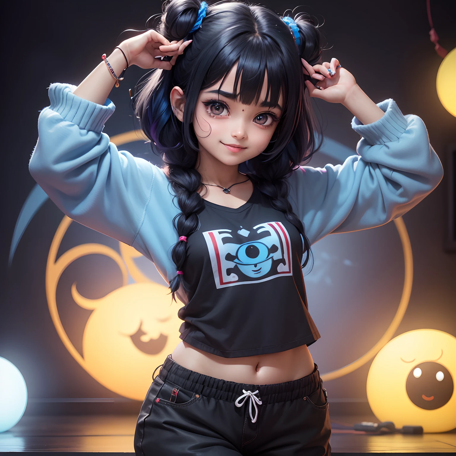 Anime sanatani hindu girl, face: cuteness and smiling with tribhoot third eye on her head and written Radhe Radhe on her chiks, eyes: cute and blue colour, clothes: modern clothes blue colour, hair: half black and half blue with best hairstyle, background: dark black, image type: ultra realistic 8k.