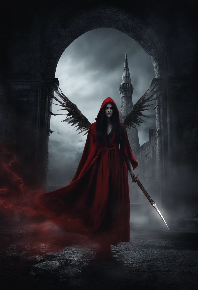 Beautiful Succubus, long Black hair, brown eyes, (((Short bright Red robe, Wings))), holding staff, (((lightening coming from staff))), (((supernatural lighting))), (((Mystical fog))), Rainy night, (((wizard tower in background))). Photo realistic, 8k post-ptoduction, cinematic shot, Ultra Detailed, High detail, sharp focus, intricate details