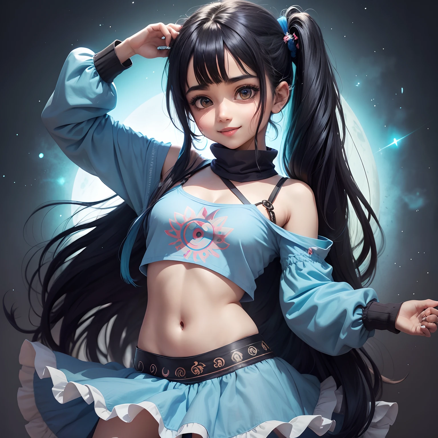 1 western girl, slim body, human levitation, tight coat, cyan lace bra, s(very small eios), white jean shorts, long straight hair ponytail, black and white colored hair, lunar terrain in background --auto --s2