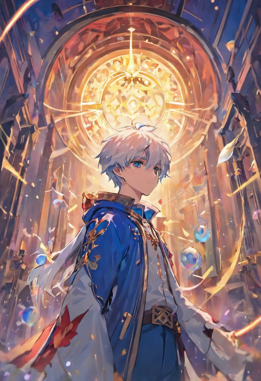 (masterpiece) , (best quality) , (ultra - detailed), young cute boy , half blue half red eyes , short white hair , wear white magician jacket and wizard hat , bring magician staff , fantasy world , night , moon , stars, castle, the upper part of the body , front look