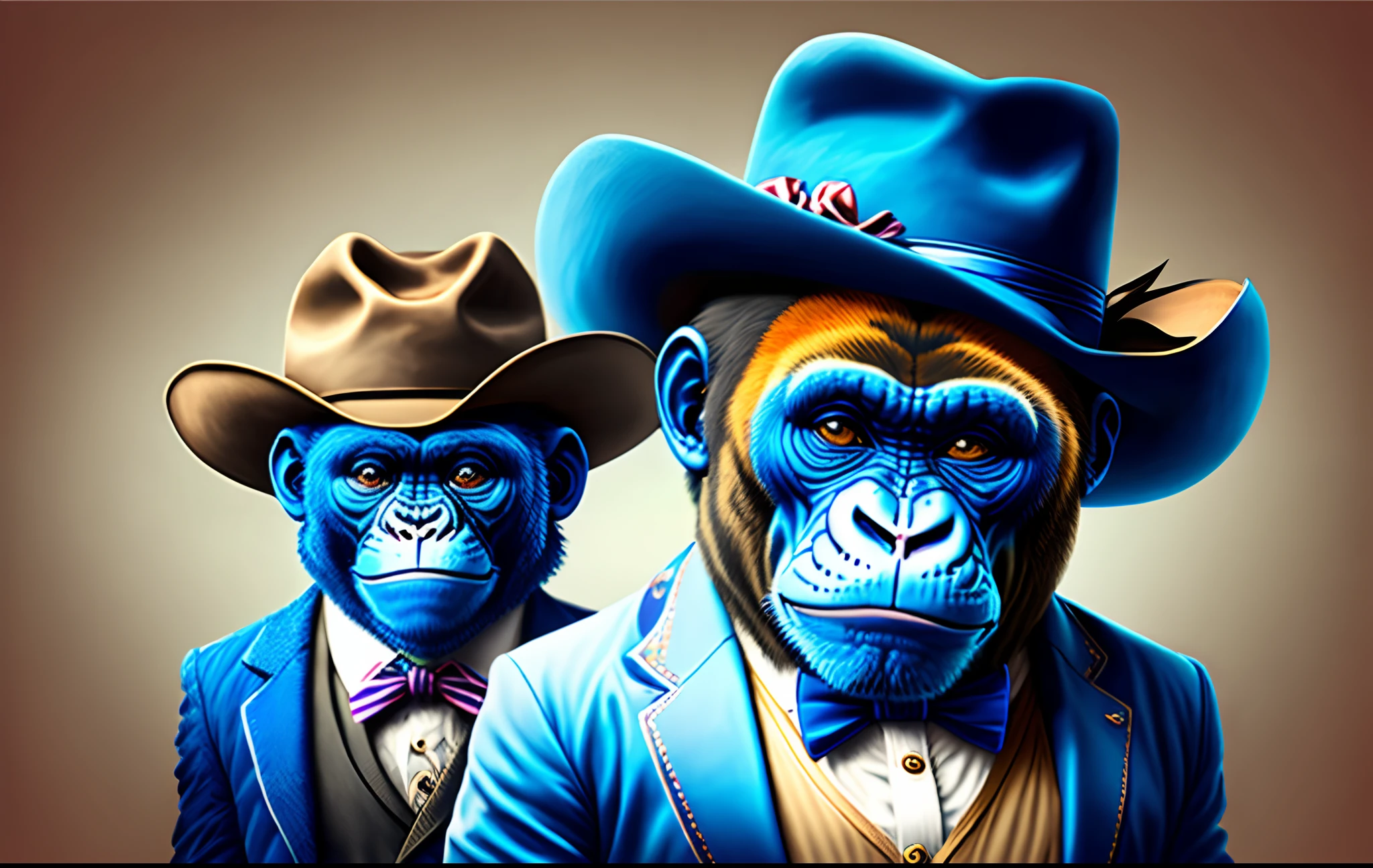 Gorilla tag monkey with blue skin cowboy hat and bow tie