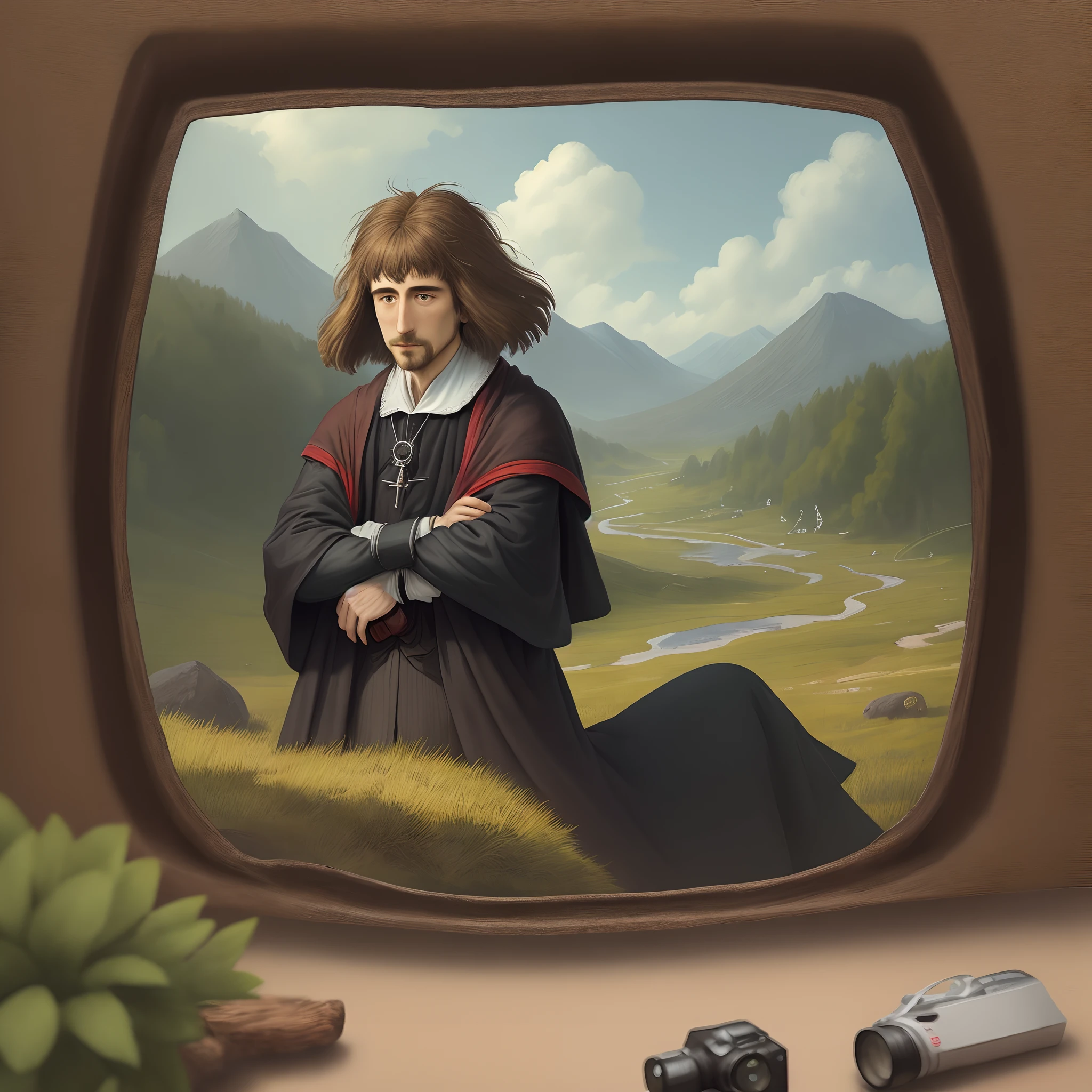 Illustration of spinoza watching the camera with nature background