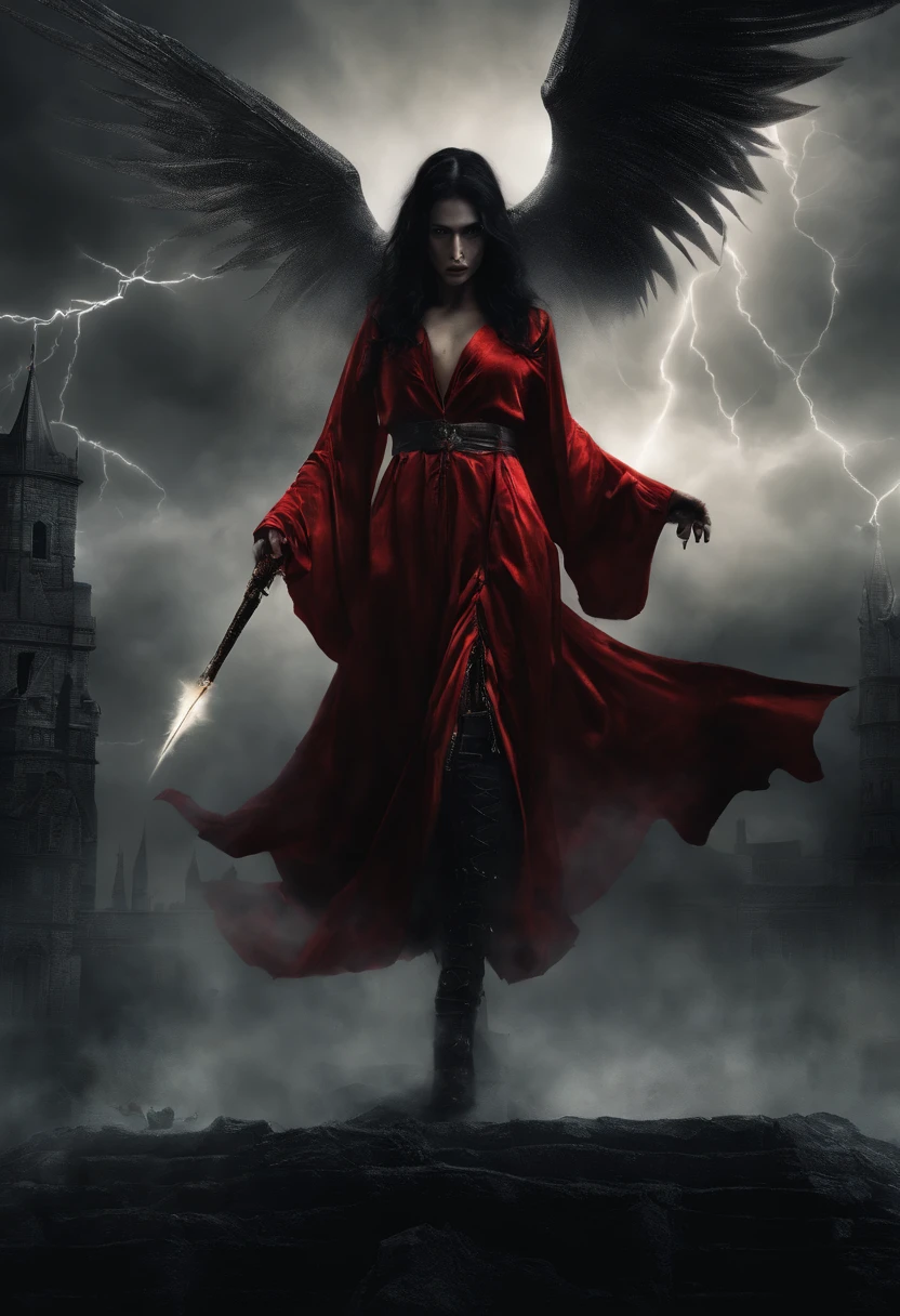 Beautiful Succubus, long Black hair, brown eyes, (((Short bright Red robe, Wings))), holding staff, (((lightening coming from staff))), (((supernatural lighting))), (((Mystical fog))), Rainy night, (((wizard tower in background))). Photo realistic, 8k post-ptoduction, cinematic shot, Ultra Detailed, High detail, sharp focus, intricate details