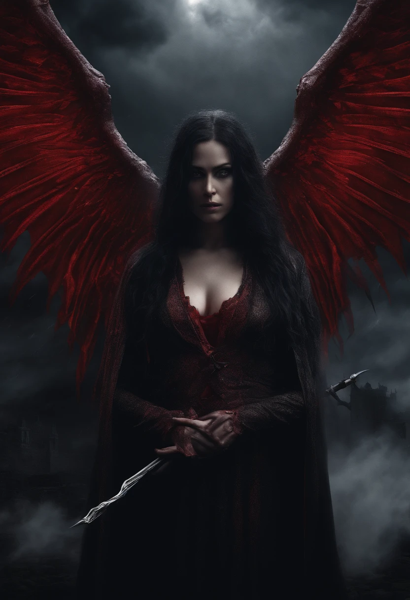 Beautiful Succubus, long Black hair, brown eyes, (((Short bright Red robe, Wings))), holding staff, (((lightening coming from staff))), (((supernatural lighting))), (((Mystical fog))), Rainy night, (((wizard tower in background))). Photo realistic, 8k post-ptoduction, cinematic shot, Ultra Detailed, High detail, sharp focus, intricate details