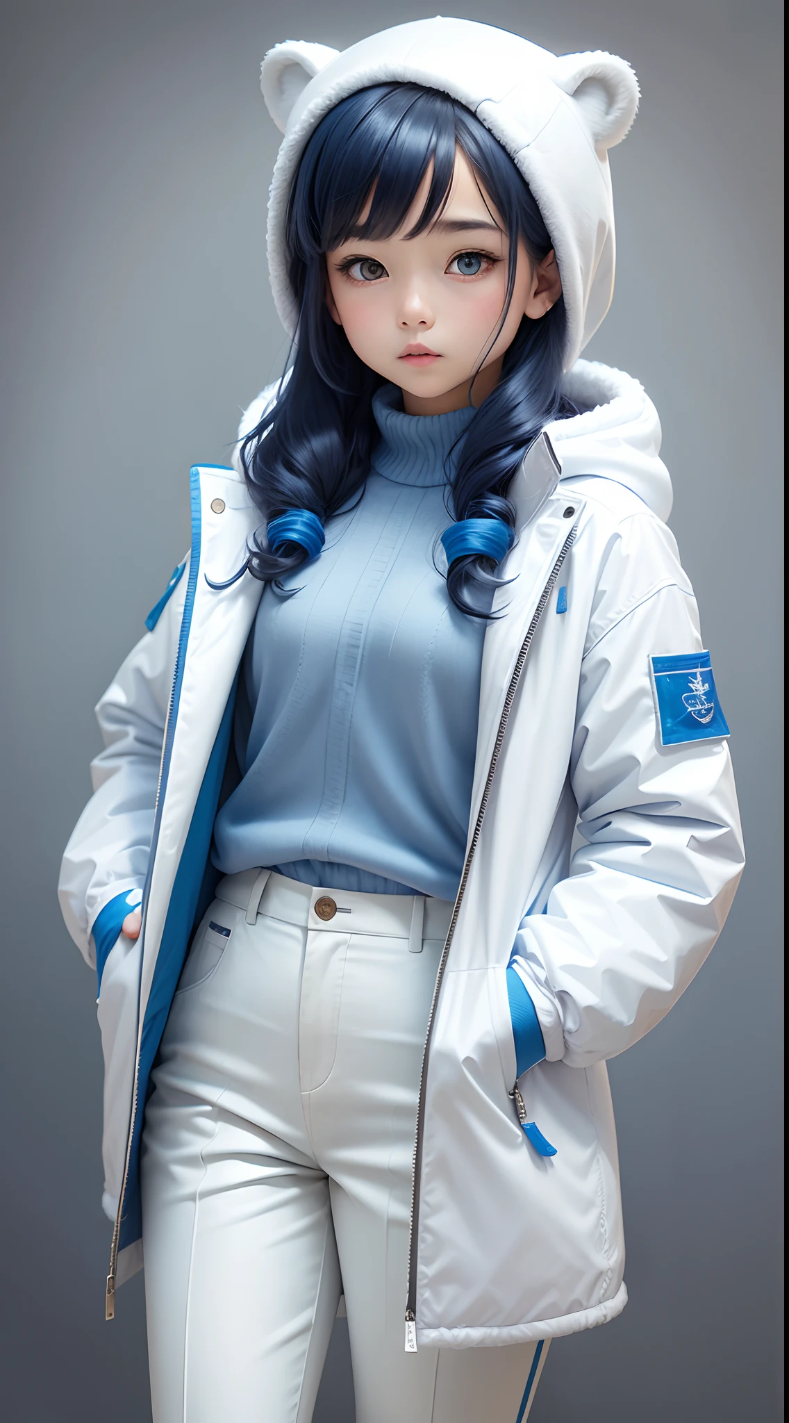 Cute young girl, polar bear coat, hair colour blue white, super detail, White cloth trousers