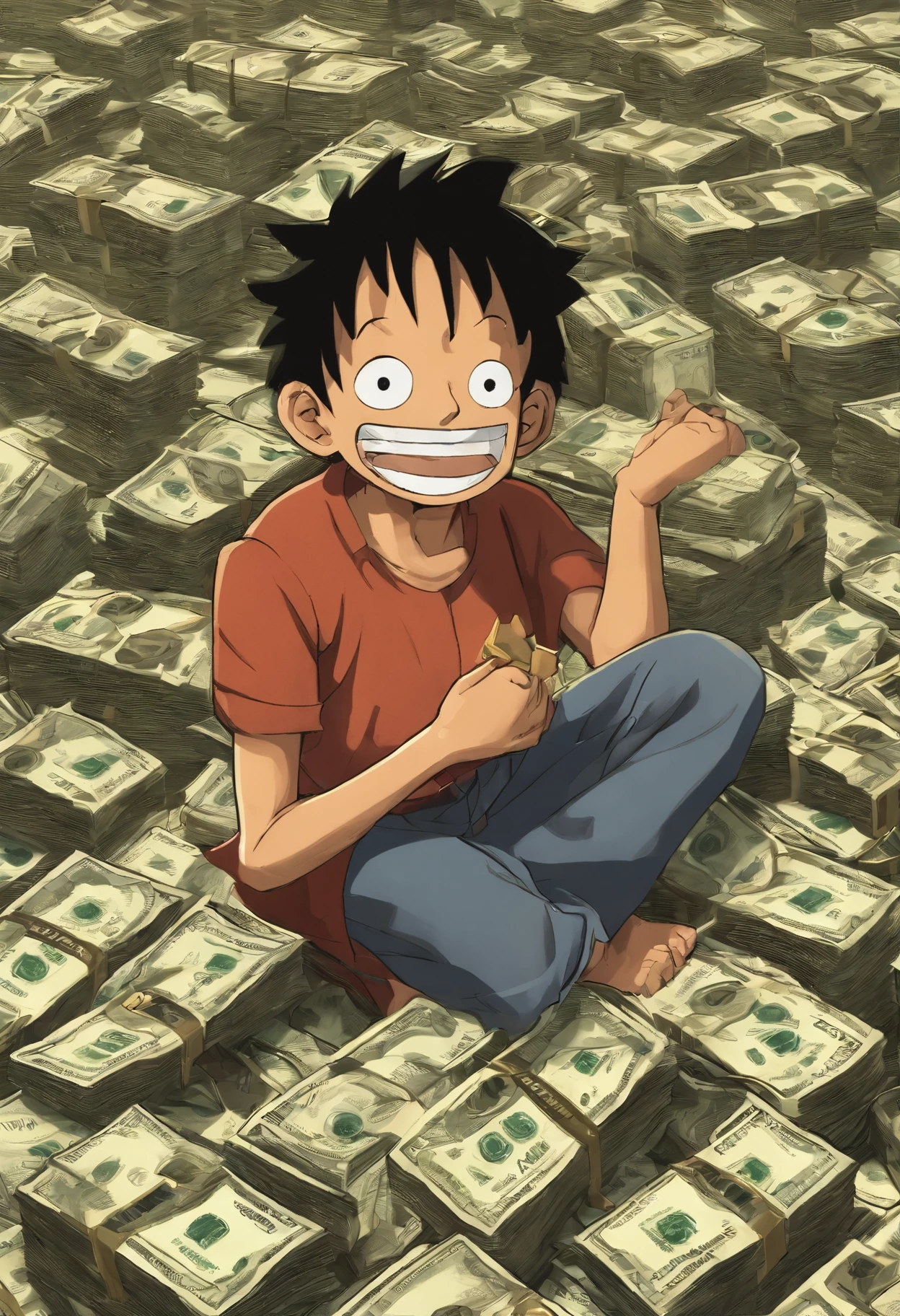 1
a close up of a person sitting on a pile of money, luffy from one piece, luffy, badass anime 8 k, luffy (one piece, monkey d luffy, anime wallaper, inspired by Eiichiro Oda, one piece artstyle, monkey d. luffy, 4 k manga wallpaper, from one piece, one piece style, anime style 4 k