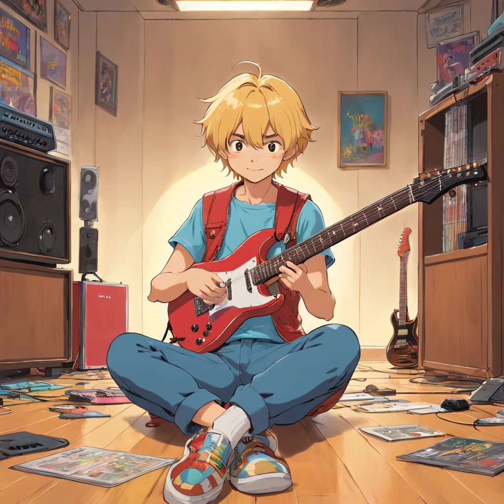 A golden haired dude with 1980's heavy metal rock star haircut style, sits on a floor, having happy electric guitar improvisation, professional cinematic music cover illustration of British color comic maestro Don Lawrence, masterpiece color comic style