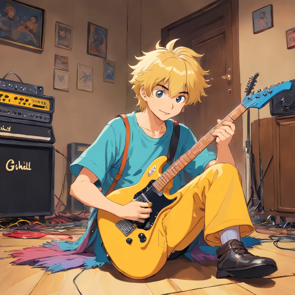 A golden haired dude with 1980's heavy metal rock star haircut style, sits on a floor, having happy electric guitar improvisation, professional cinematic music cover illustration of British color comic maestro Don Lawrence, masterpiece color comic style