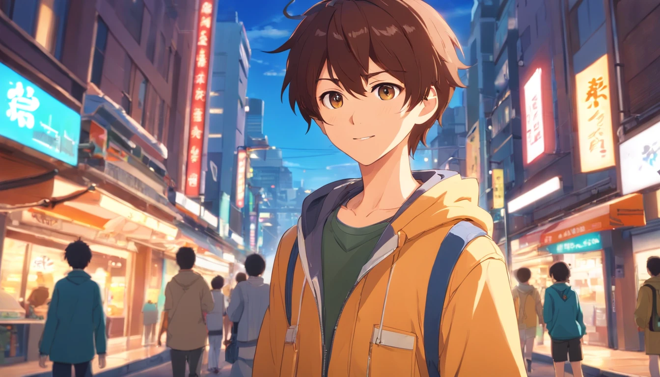 A boy, transformed into an anime style, with exaggerated unique facial features and clothing, standing on a bustling city street, backlit background highlighting the subject, high-contrast colors, 4K high-definition quality，young, smiling, cute girl ,sexy look , anime
