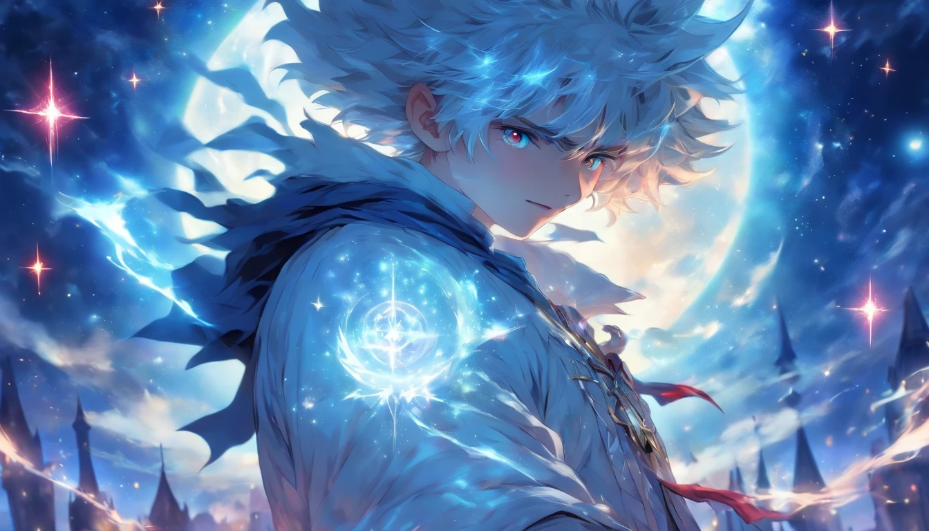(masterpiece) , (best quality) , (ultra - detailed), young cute boy , half blue half red starry eyes , short white hair , wear white magician jacket and wizard hat , bring magician staff , fantasy world , night , moon , stars, castle, the upper part of the body , front look