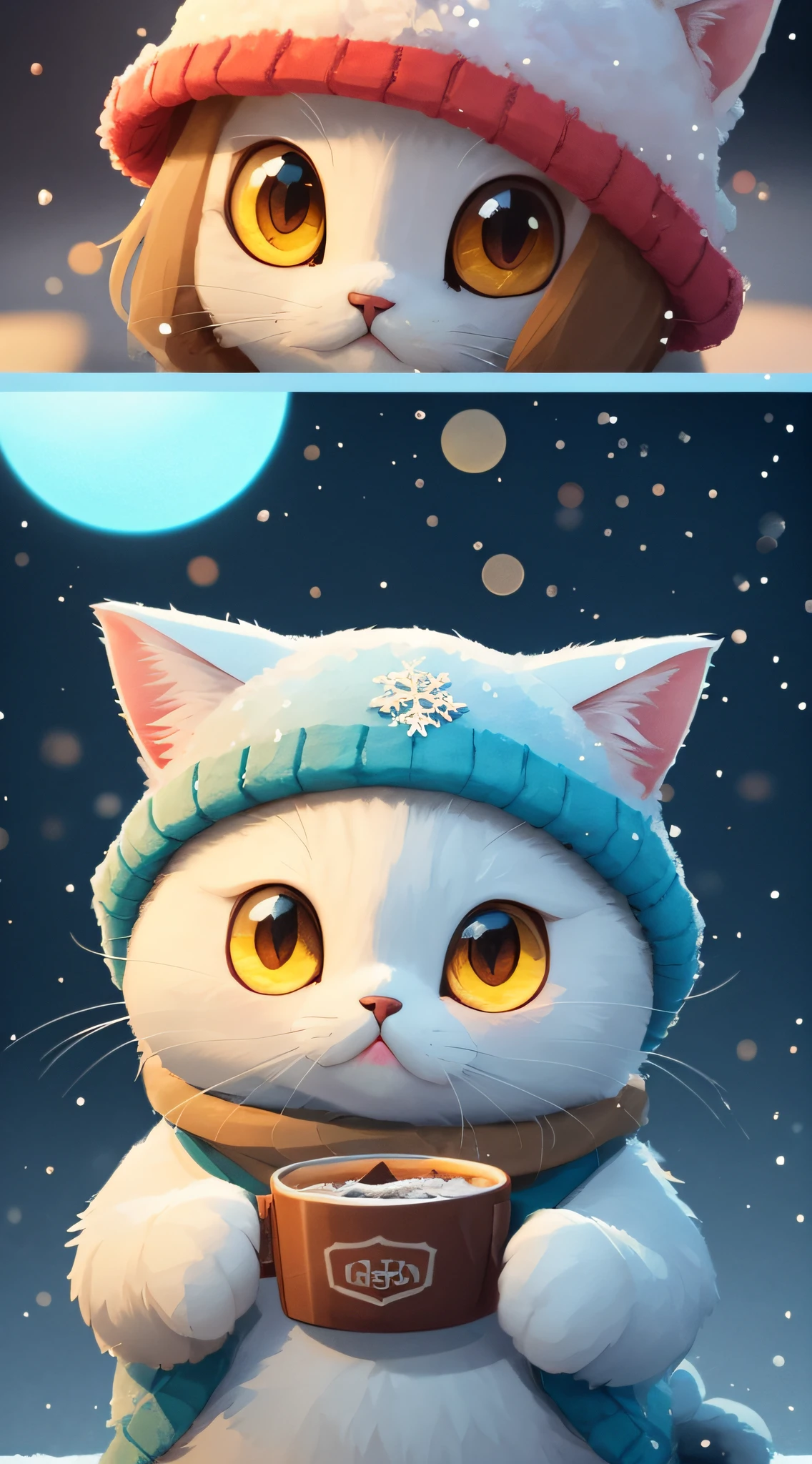 A detailed illustration of a print of a colorful cute cat wearing russinan winter hat and holding snowflake , fantasy splash frost, modern t-shirt design, in the style of Studio Ghibli, light white and blue pastel tetradic colors, 3D vector art, cute and quirky, fantasy art, watercolor effect, bokeh, Adobe Illustrator, hand-drawn, digital painting, low-poly, soft lighting,, isometric style, retro aesthetic, focusedon the character, 4K resolution, photorealistic rendering, usingCinema 4D, headshot --auto